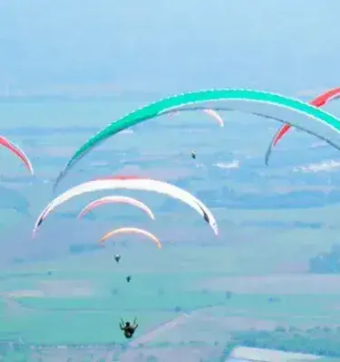 Múltiples parapentes de colores sobrevolando un vasto paisaje verde de campos y valles.