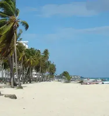 White sand beach and palm trees in San Andres, Colombia