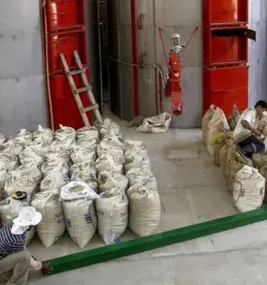 Producción de café en Colombia con sacos apilados y trabajadores en planta
