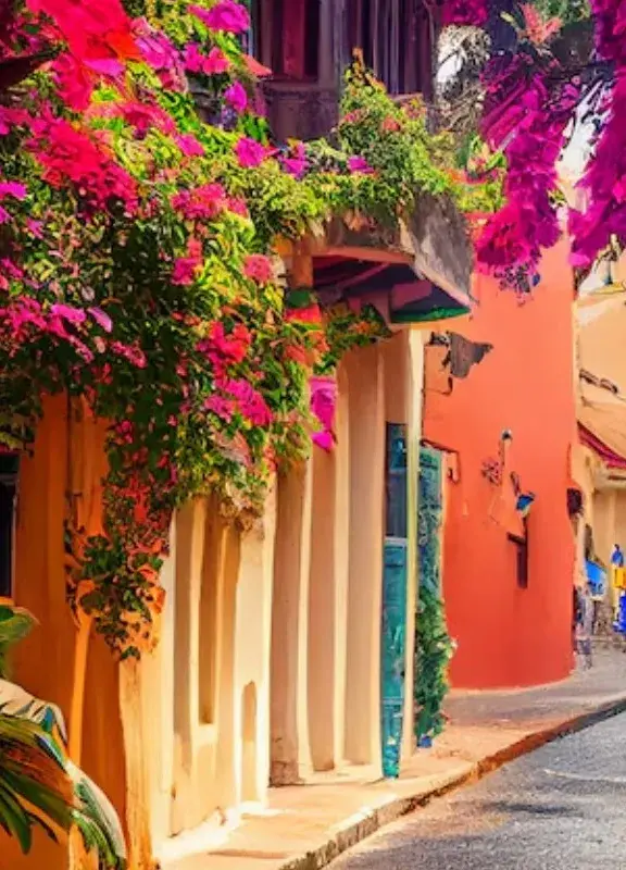 Calle de Cartagena en medio de hermosas flores y balcones