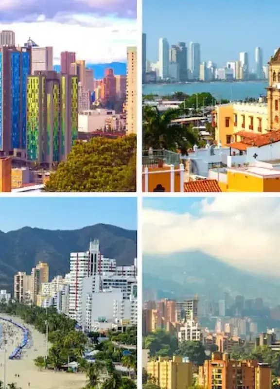 Panorámicas de ciudades colombianas como Bogotá, Cartagena y Medellín