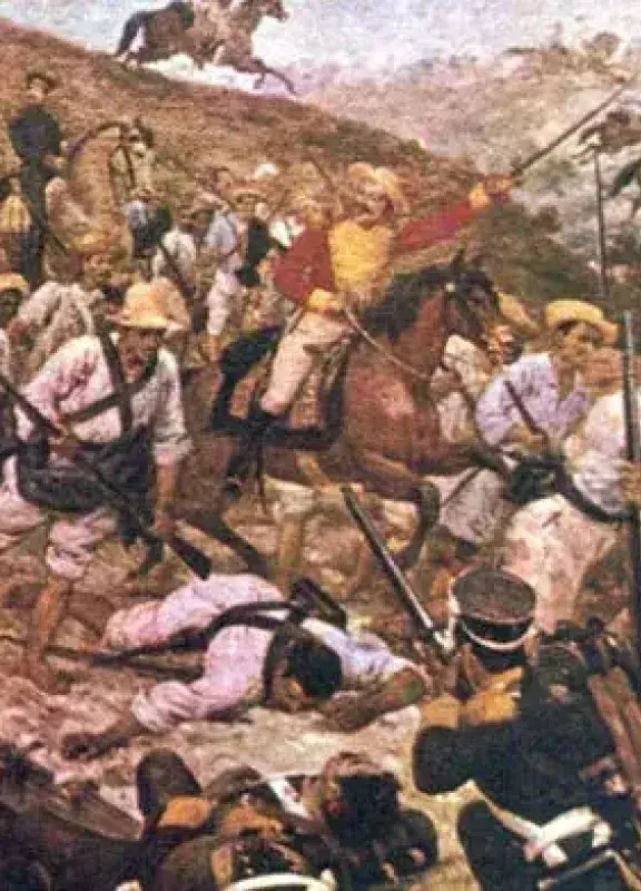 Historical painting of the Battle of Boyacá during the independence of Colombia.