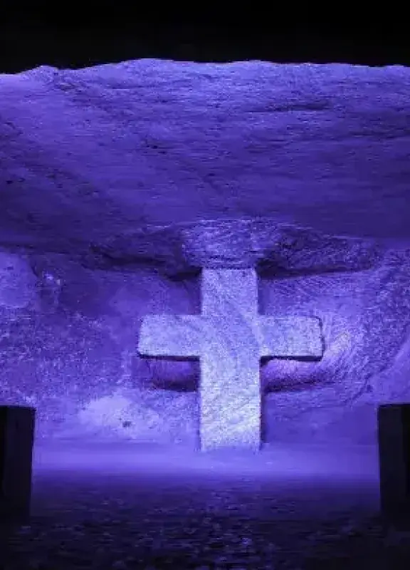 Illuminated salt cross in the Salt Cathedral of Zipaquira