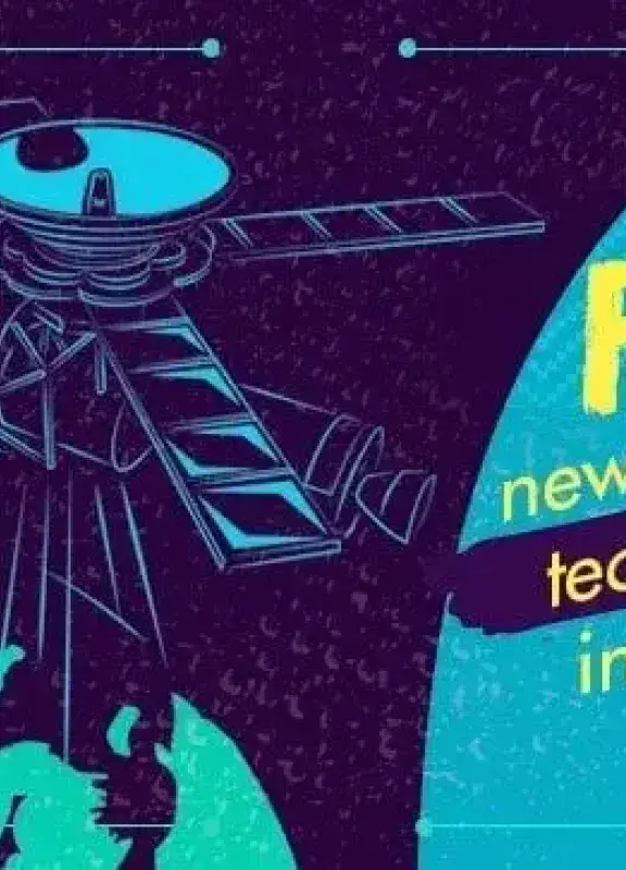 Ilustración de satélite sobre la Tierra con texto sobre innovaciones tecnológicas colombianas