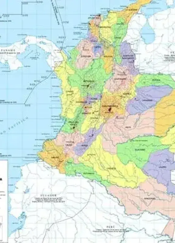 Mapa político de Colombia con división por departamentos y límites geográficos