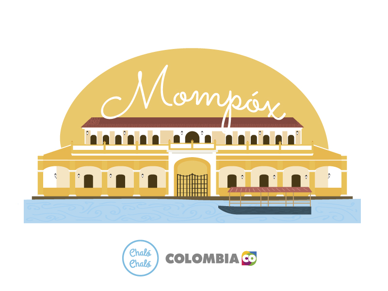 Santa Cruz de Mompox, uno de los pueblos patrimonio de Colombia - Ilustración de Santa Cruz de Mompox, en donde se ve la Iglesia Santa Bárbara a la orilla del río Magdalena | Marca País Colombia