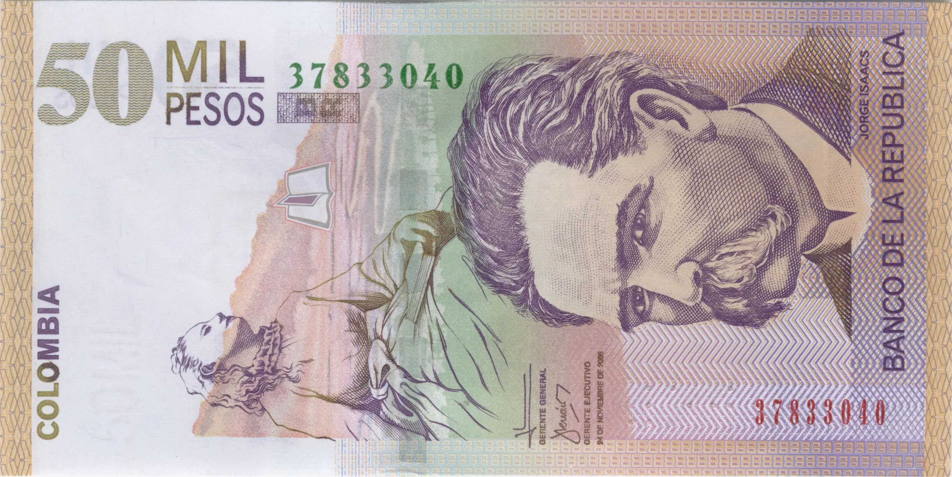 Billete de 50,000 pesos colombianos con retrato de Jorge Isaacs.