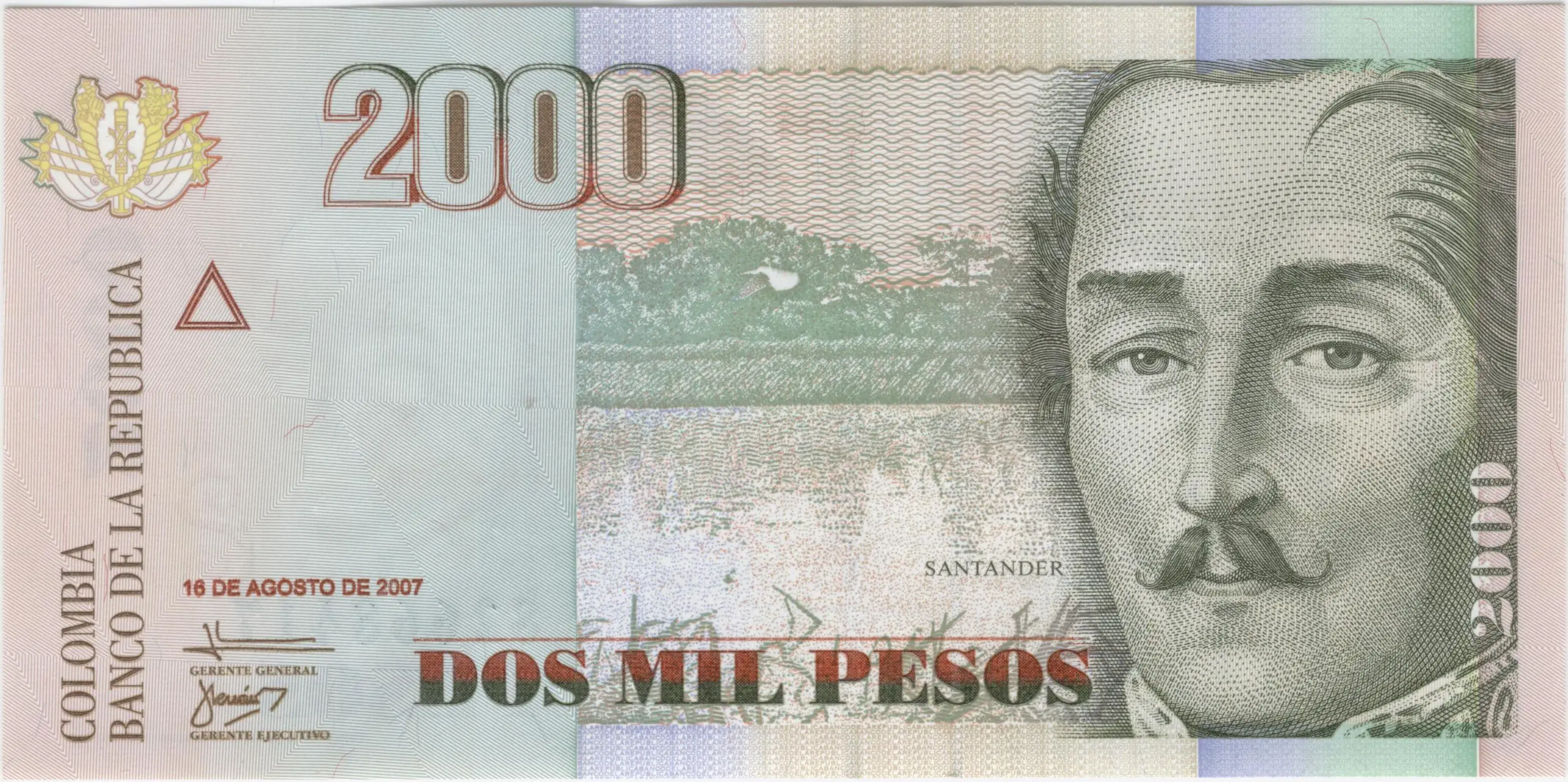 Billete de 2,000 pesos colombianos con retrato de Francisco de Paula Santander.