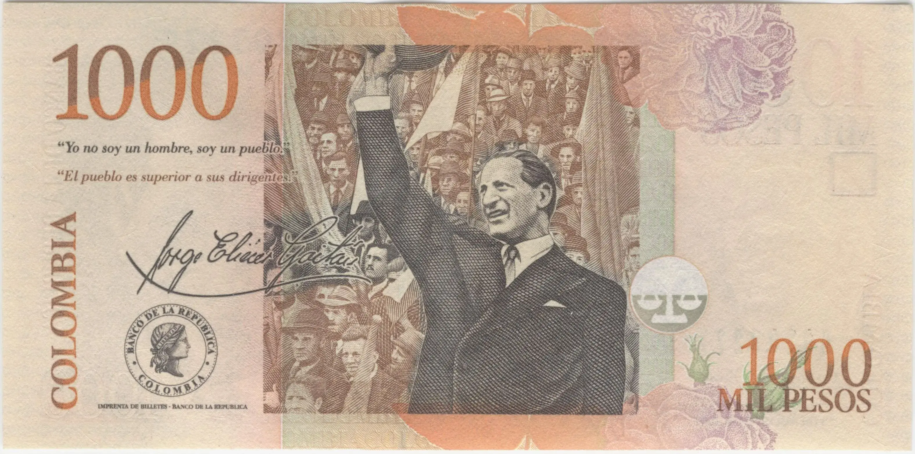 Billete de 1,000 pesos colombianos con imagen de Jorge Eliécer Gaitán y sus citas.