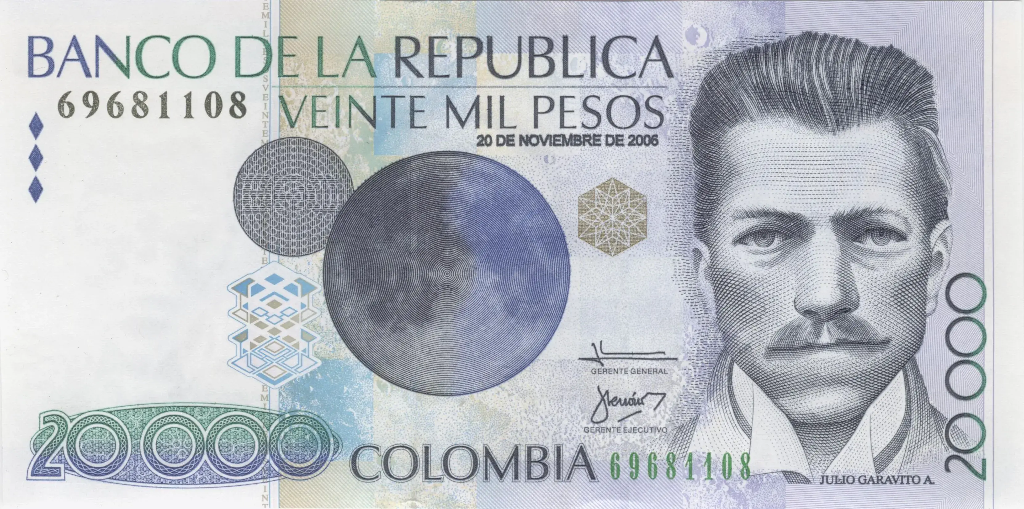 Billete de 20,000 pesos colombianos con retrato de Julio Garavito A.