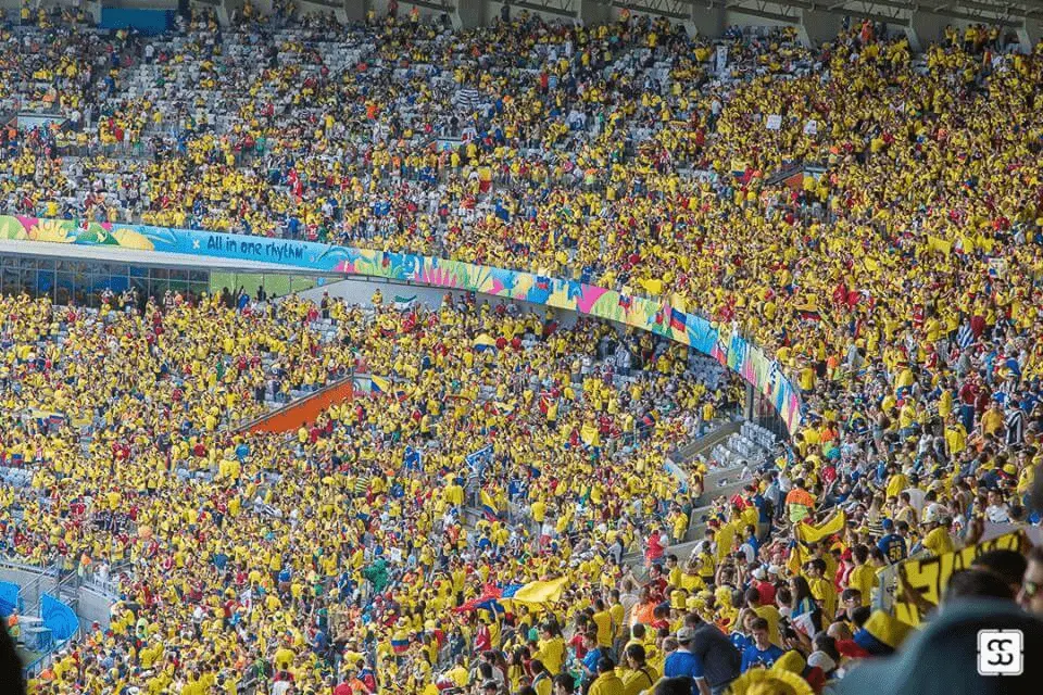Aficionados de Colombia vestidos de amarillo animan en un estadio durante el Mundial.