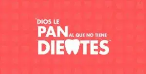 Frase 'Dios le da pan al que no tiene dientes' en fondo rojo, que expresa ironía sobre la suerte.