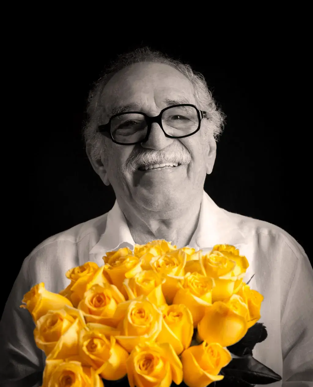 Black and white photograph of Gabriel Garcia Marquez holding yellow flowers with a black background, Colombian writers