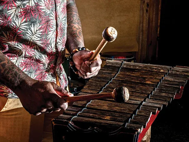 Músico tocando marimba de madera con mazos, manos y brazos visibles.