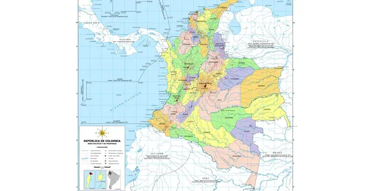 Mapa político de Colombia con departamentos de colores y países vecinos.