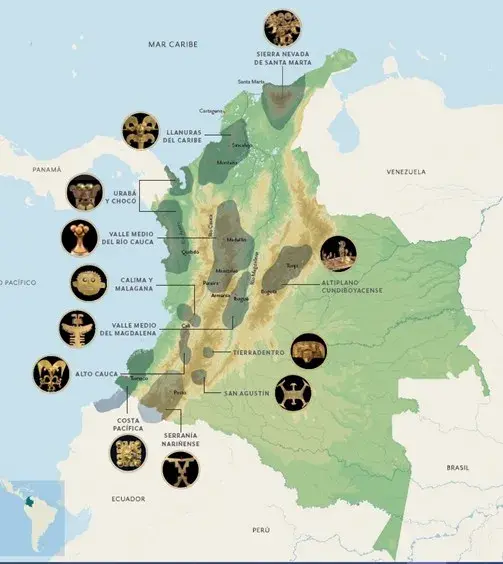 Mapa de Colombia con ubicación de culturas prehispánicas y piezas de oro.