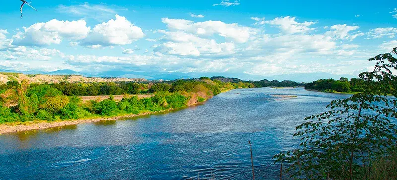 Río del Cauca serpenteando entre vegetación bajo cielo azul.