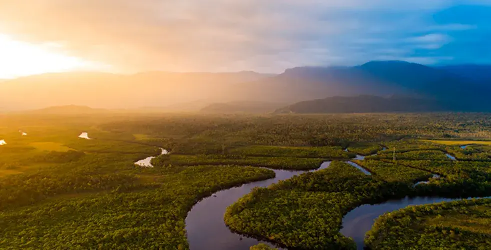 Amanecer sobre el río Amazonas serpenteando por la selva.